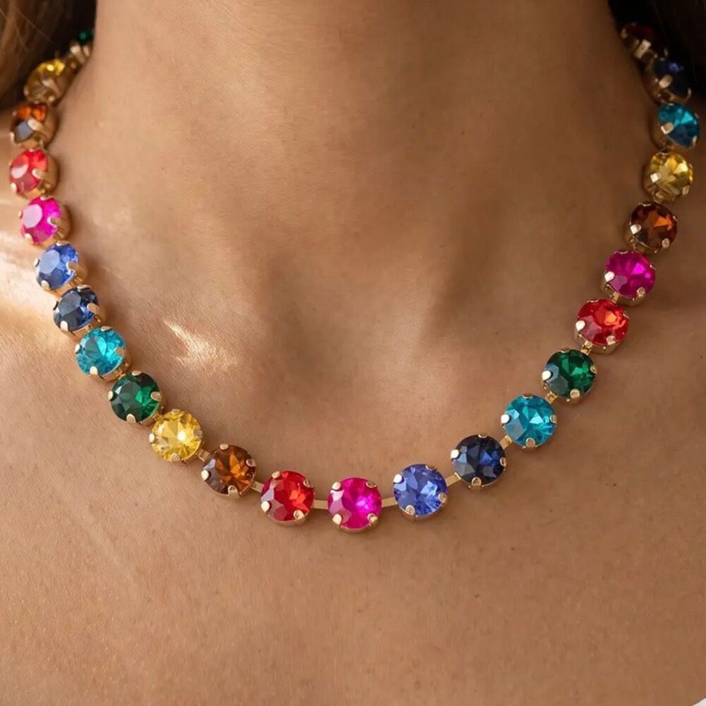 Vibrant Rainbow Gemstone Necklace in Gold Setting – Stunning Colorful Shine